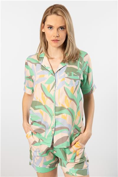 Türen 3605 Kadın Kısa Kollu Şortlu Gömlek Pijama Takım-Yeşil