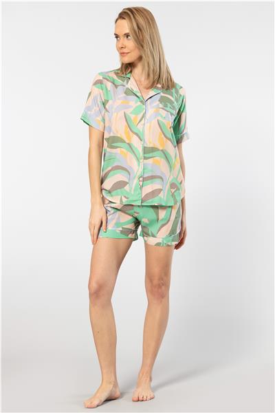 Türen 3605 Kadın Kısa Kollu Şortlu Gömlek Pijama Takım-Yeşil