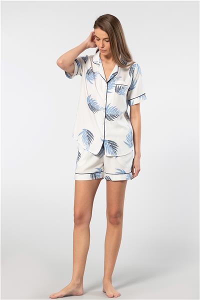 Türen 3605 Kadın Kısa Kollu Şortlu Gömlek Pijama Takım-Ekru
