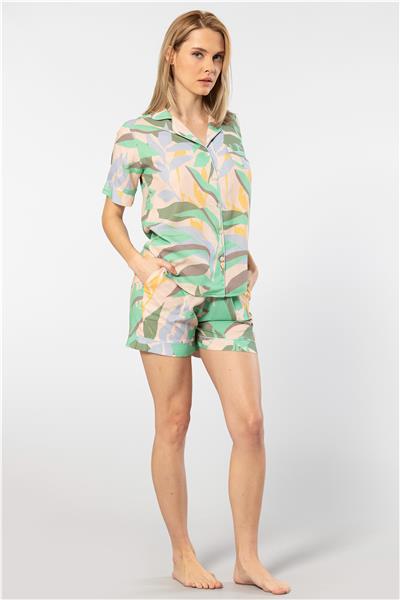 Türen 3605 Kadın Kısa Kollu Şortlu Gömlek Pijama Takım-Yeşil