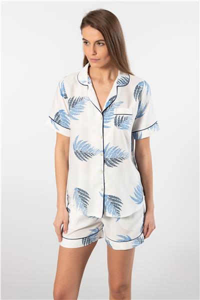 Türen 3605 Kadın Kısa Kollu Şortlu Gömlek Pijama Takım-Ekru