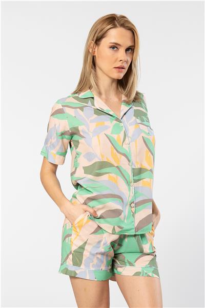 Türen 3605 Kadın Kısa Kollu Şortlu Gömlek Pijama Takım-Yeşil