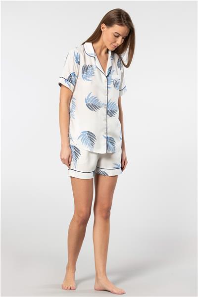 Türen 3605 Kadın Kısa Kollu Şortlu Gömlek Pijama Takım-Ekru