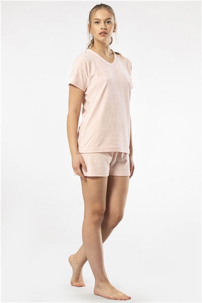 Türen 618 Kadın Yarım Kol V Yaka Şort Pijama Takım-Pembe