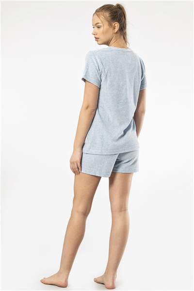 Türen 618 Kadın Yarım Kol V Yaka Şort Pijama Takım-Mavi
