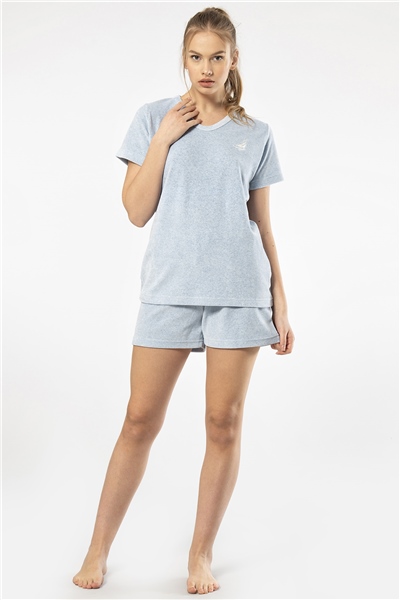 Türen 618 Kadın Yarım Kol V Yaka Şort Pijama Takım-Mavi