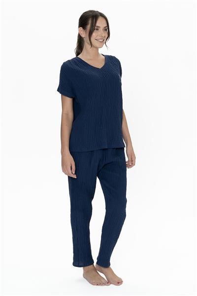 U.s Polo Assn. 20015 Kadın Muslin Kumaş Kısa Kollu V Yaka Pijama Takım-Lacivert