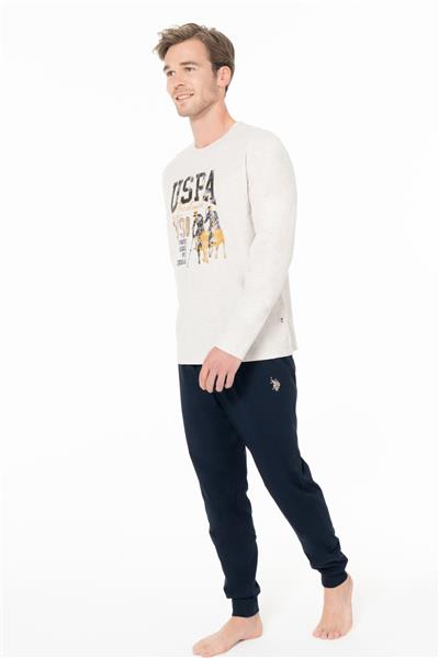 U.s Polo Assn. 18955 Erkek Uzun Kollu Bisiklet Yaka Paçası Bantlı Pijama Takımı-Bejmelanj