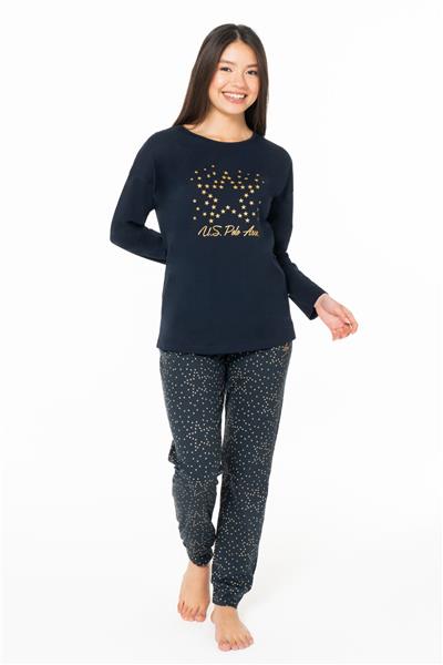 U.s Polo Assn. 20163 Kadın Uzun Kollu Bisiklet Yaka Paçası Bantlı Pijama Takım-Lacivert