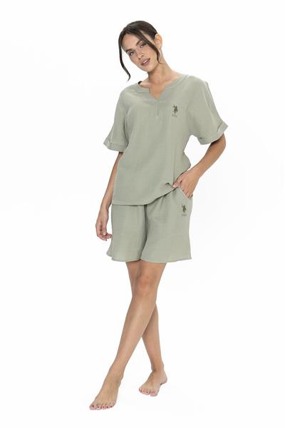U.s Polo Assn. 20017 Kadın Muslin Kumaş Kısa Kollu V Yaka Şortlu Pijama Takımı-Haki