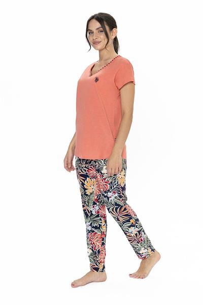 U.s Polo Assn. 20026 Kadın Kısa Kollu V Yaka Pijama Takımı-Mercan
