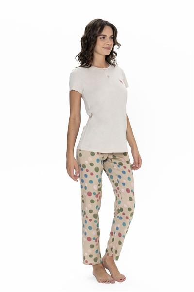 U.s Polo Assn. 20094 Kadın Kısa Kollu Yakası Yarım Düğmeli Pijama Takımı-Bej