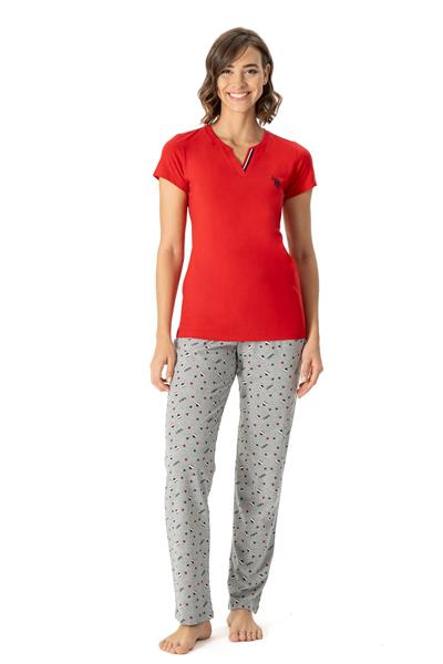 U.s Polo Assn. 17004 Kadın Kısa Kollu V Yaka Pijama Takımı-Kırmızı