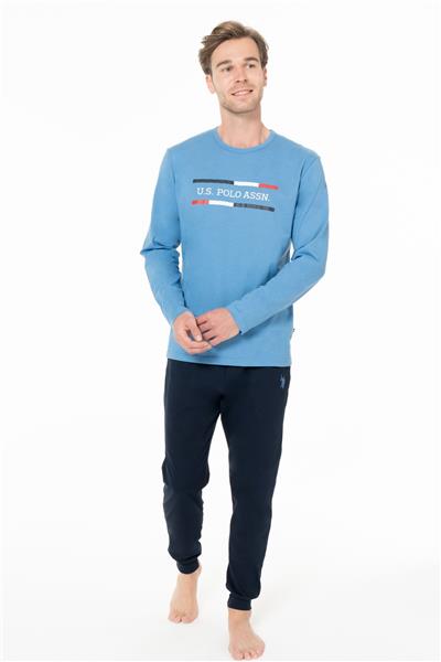U.s Polo Assn. 18951 Erkek Uzun Kollu Bisiklet Yaka Paçası Bantlı Pijama Takımı-Mavi