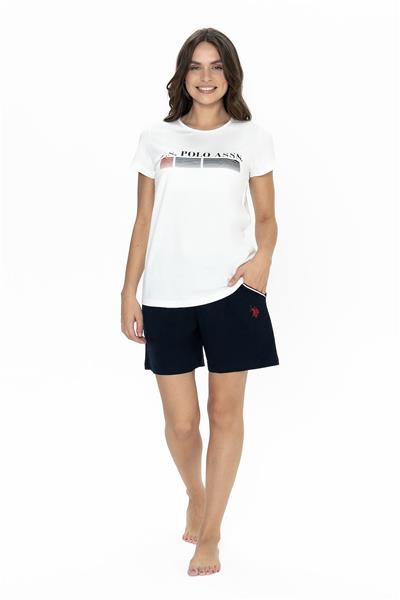 U.s Polo Assn. 20004 Kadın Kısa Kollu Bisiklet Yaka Şortlu Pijama Takımı-Ekru