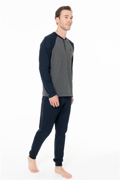 U.s Polo Assn. 18960 Erkek Uzun Kollu Yakası Üç Düğmeli Paçası Bantlı Pijama Takımı-Antrasitmelanj