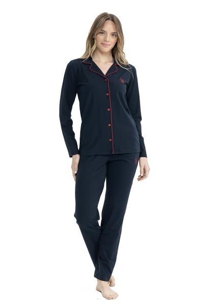 U.s Polo Assn. 11000 Kadın Uzun Kollu Önden Düğmeli Gömlek Pijama Takım-Lacivert