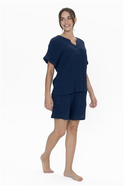 U.s Polo Assn. 20017 Kadın Muslin Kumaş Kısa Kollu V Yaka Şortlu Pijama Takımı-Lacivert