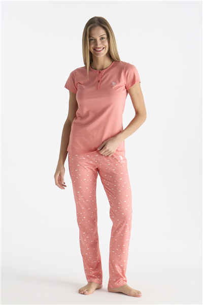 U.s Polo Assn. 20231 Kadın Kısa Kollu Yakası Düğmeli Pijama Takımı-Somon