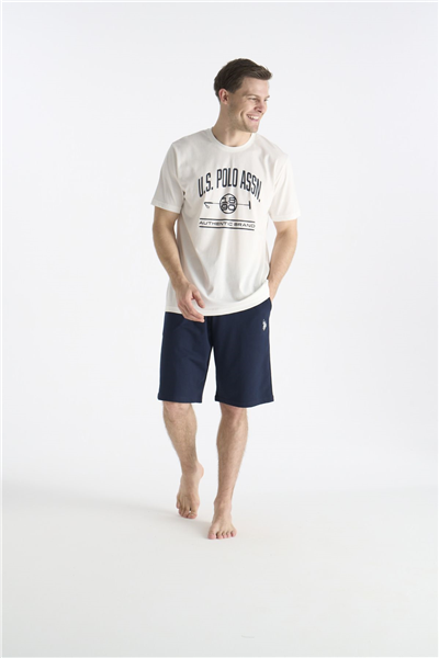 U.s Polo Assn. 19018 Erkek Kısa Kollu Bisiklet Yaka Şortlu Pijama Takımı-Ekru