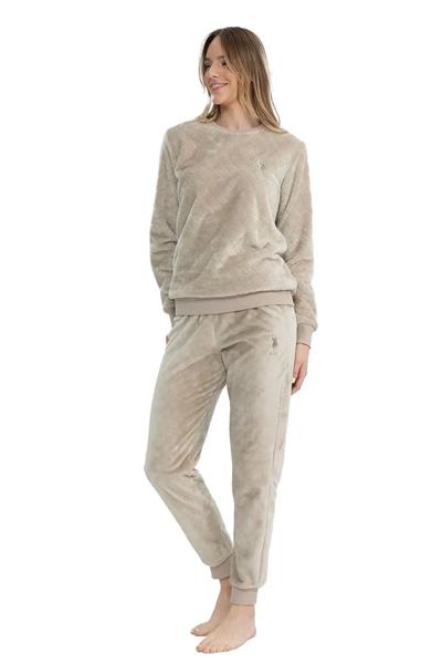 U.s Polo Assn. 17080 Kadın Uzun Kollu Welsoft Paçası Lastikli Pijama Takım-Bej