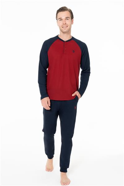 U.s Polo Assn. 18960B Erkek Büyük Beden Uzun Kollu Yakası Üç Düğmeli Paçası Bantlı Pijama Takımı-Bordo