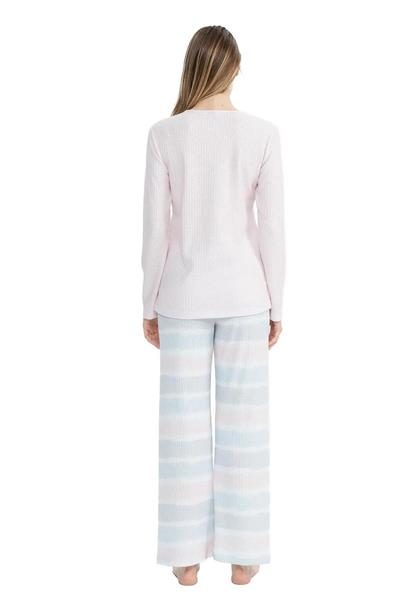 U.s Polo Assn. 17096 Kadın Delikli Polar Waffle Kumaş  Uzun Kollu Geniş Paça Pijama Takım-Pembe