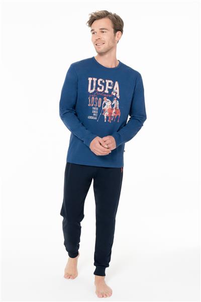 U.s Polo Assn. 18955 Erkek Uzun Kollu Bisiklet Yaka Paçası Bantlı Pijama Takımı-İndigo