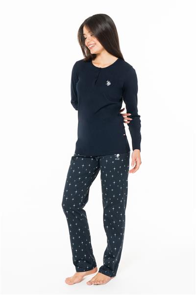 U.s Polo Assn. 20158 Kadın Uzun Kollu Düğmeli Bisiklet Yaka Pijama Takımı-Lacivert