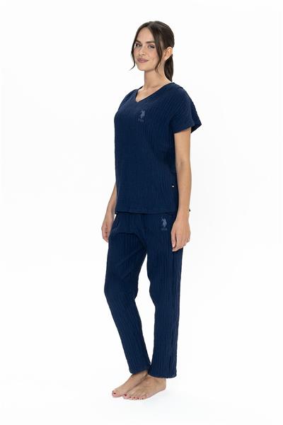 U.s Polo Assn. 20015 Kadın Muslin Kumaş Kısa Kollu V Yaka Pijama Takım-Lacivert