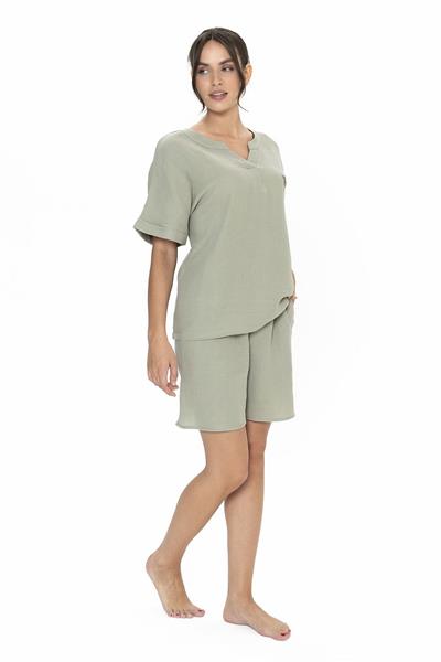 U.s Polo Assn. 20017 Kadın Muslin Kumaş Kısa Kollu V Yaka Şortlu Pijama Takımı-Haki