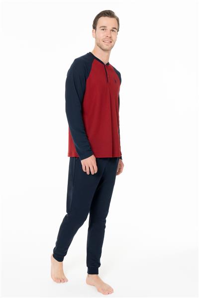 U.s Polo Assn. 18960 Erkek Uzun Kollu Yakası Üç Düğmeli Paçası Bantlı Pijama Takımı-Bordo