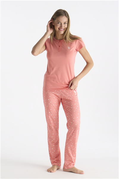 U.s Polo Assn. 20231 Kadın Kısa Kollu Yakası Düğmeli Pijama Takımı-Somon