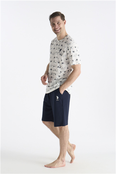 U.s Polo Assn. 19053 Erkek Kısa Kollu Bisiklet Yaka Şortlu Pijama Takımı-Ekru