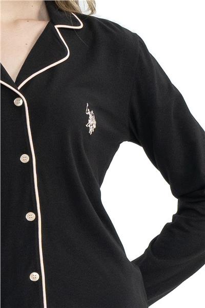 U.s Polo Assn. 11000 Kadın Uzun Kollu Önden Düğmeli Gömlek Pijama Takım-Siyah