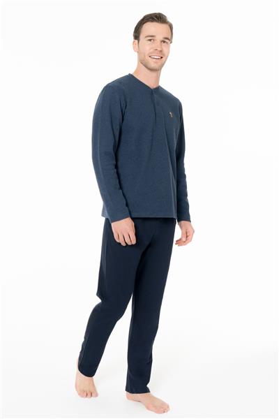U.s Polo Assn. 18966 Erkek Uzun Kollu Yakası Üç Düğmeli Pijama Takımı-İndigo
