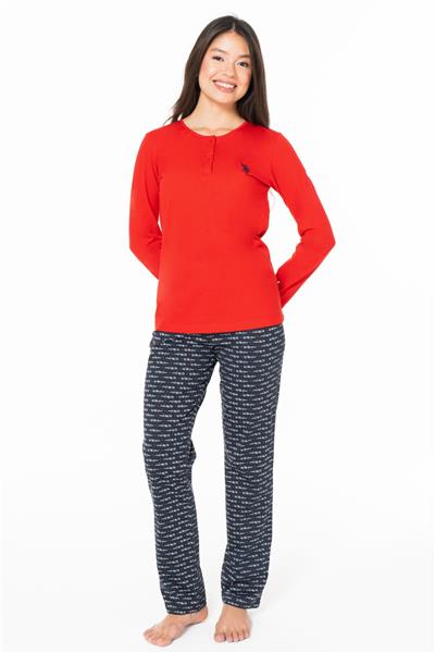 U.s Polo Assn. 20146 Kadın Uzun Kollu Düğmeli Bisiklet Yaka Pijama Takımı-Kırmızı