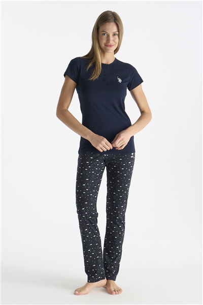 U.s Polo Assn. 20231 Kadın Kısa Kollu Yakası Düğmeli Pijama Takımı-Lacivert
