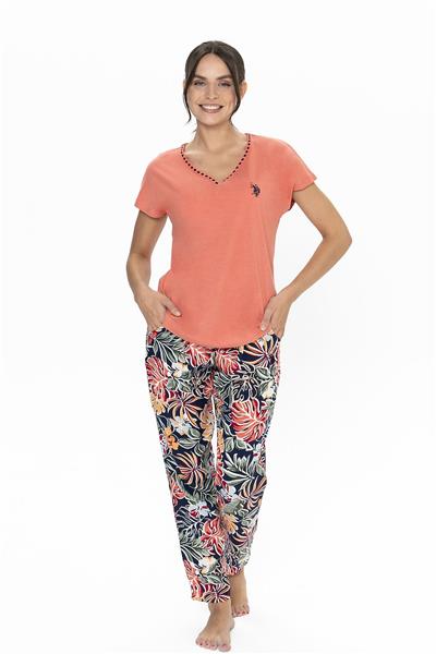 U.s Polo Assn. 20026 Kadın Kısa Kollu V Yaka Pijama Takımı-Mercan