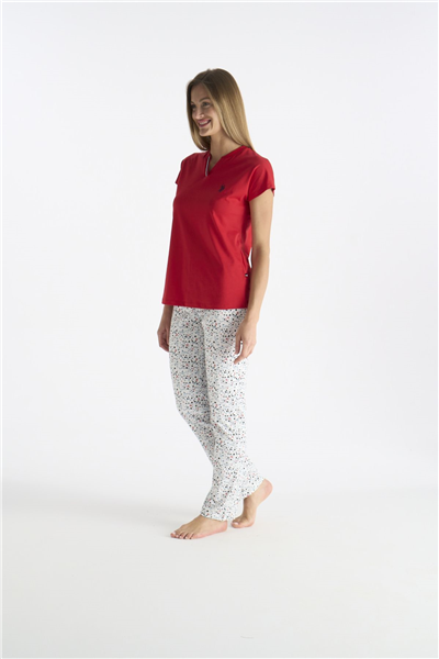 U.s Polo Assn. 20235 Kadın Kısa Kollu V Yakalı Pijama Takımı-Kırmızı
