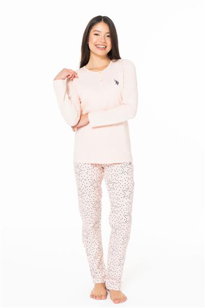 U.s Polo Assn. 20161 Kadın Uzun Kollu Düğmeli Bisiklet Yaka Pijama Takımı-Somon