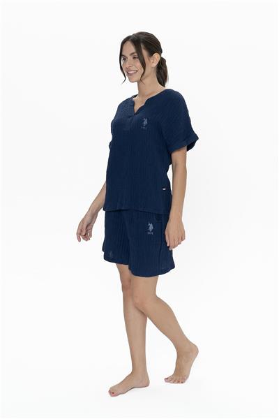 U.s Polo Assn. 20017 Kadın Muslin Kumaş Kısa Kollu V Yaka Şortlu Pijama Takımı-Lacivert