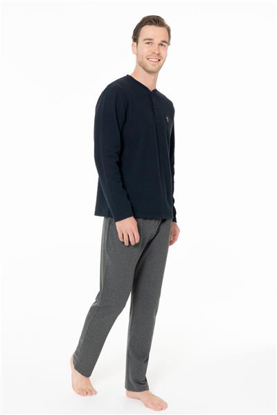U.s Polo Assn. 18966 Erkek Uzun Kollu Yakası Üç Düğmeli Pijama Takımı-Lacivert
