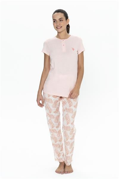 U.s Polo Assn. 20088 Kadın Kısa Kollu Yakası Yarım Düğmeli Pijama Takımı-Somon