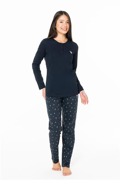 U.s Polo Assn. 20158 Kadın Uzun Kollu Düğmeli Bisiklet Yaka Pijama Takımı-Lacivert
