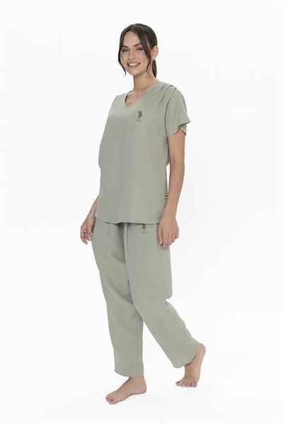 U.s Polo Assn. 20015 Kadın Muslin Kumaş Kısa Kollu V Yaka Pijama Takım-Haki