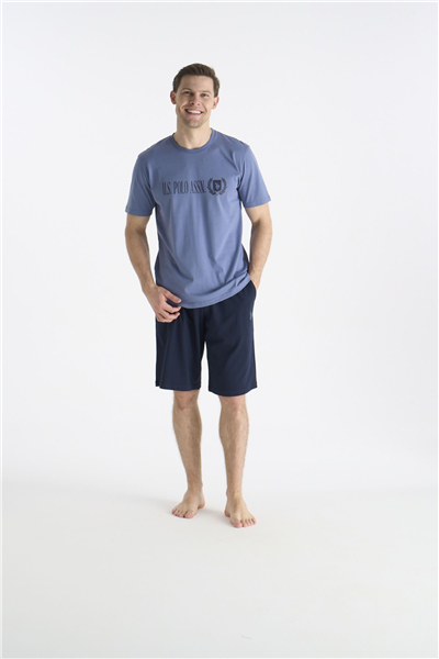 U.s Polo Assn. 19017 Erkek Kısa Kollu Bisiklet Yaka Şortlu Pijama Takımı-Mavi