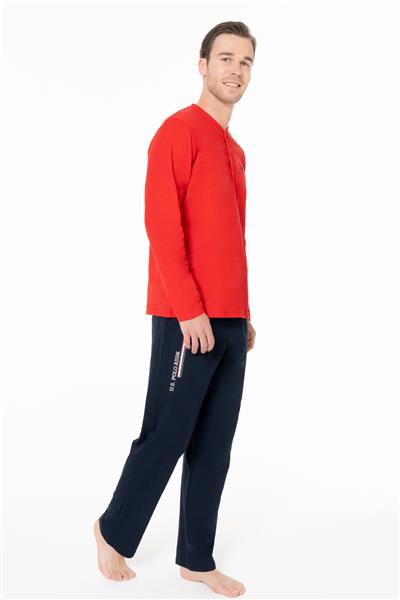 U.s Polo Assn. 18959 Erkek Uzun Kollu Yakası Üç Düğmeli Pijama Takımı-Kırmızı
