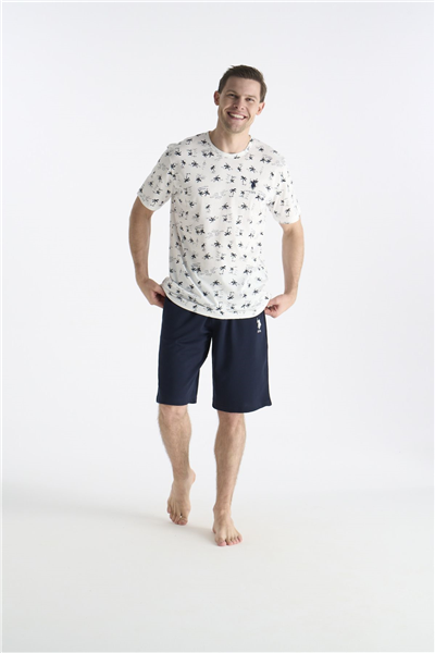 U.s Polo Assn. 19053 Erkek Kısa Kollu Bisiklet Yaka Şortlu Pijama Takımı-Ekru
