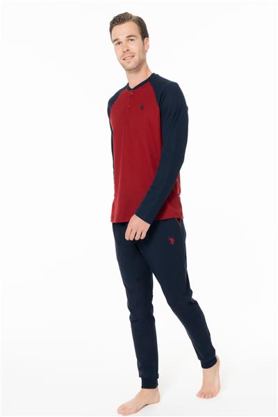 U.s Polo Assn. 18960 Erkek Uzun Kollu Yakası Üç Düğmeli Paçası Bantlı Pijama Takımı-Bordo